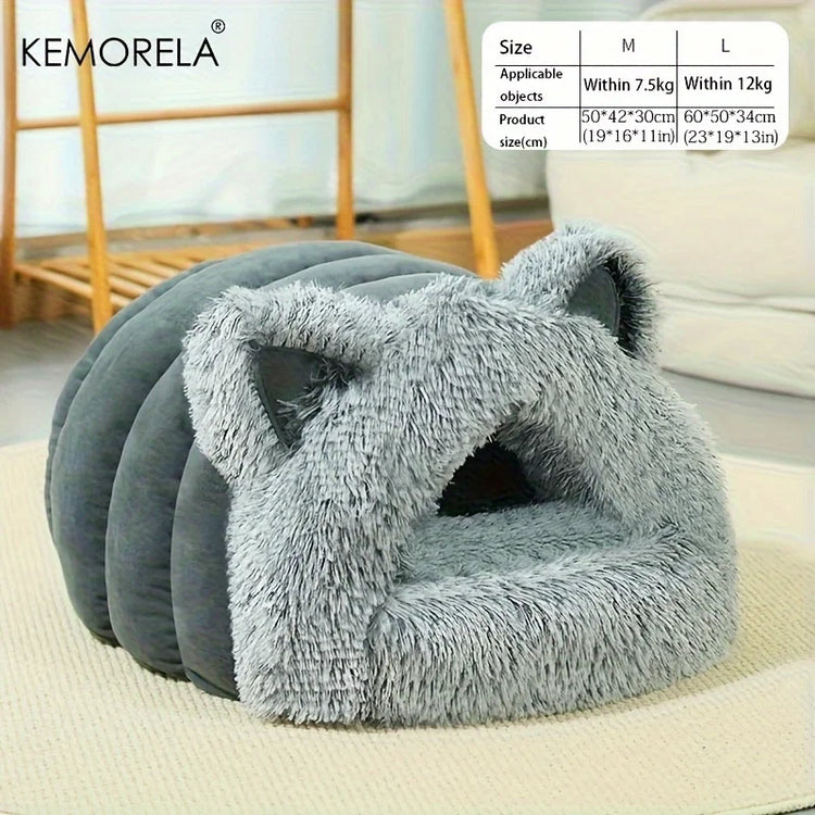 Enclosed Pet Bed Winter Warm Plush Hooded Cat Bed House with Cute Ears Indoor Nest Cave Comfort Kittens Hideaway for Small Dog