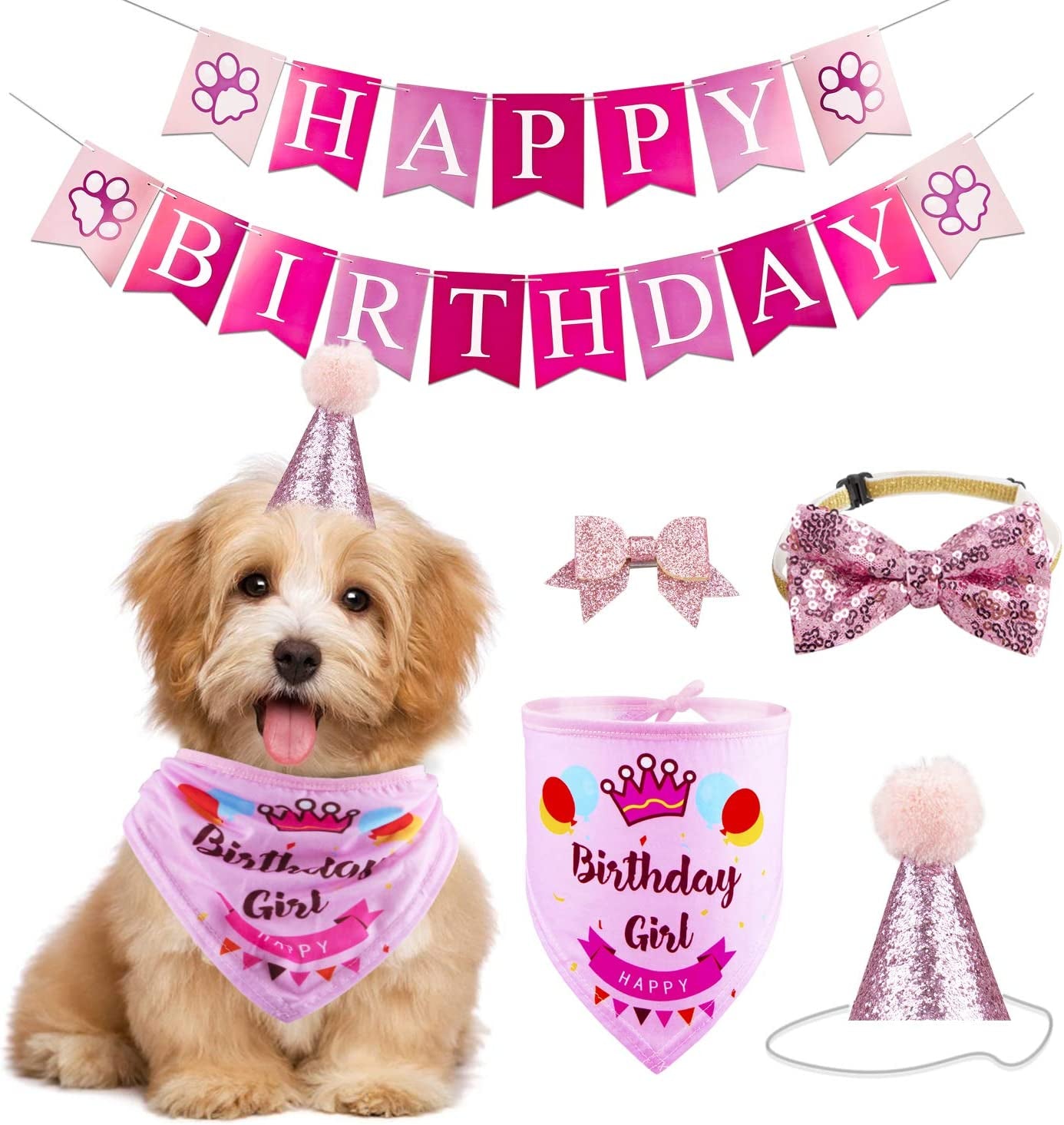 Dog Birthday Party Supplies Bandana Hat Banner Set Boy Girl Cute Bow Tie Scarf Birthday Decorations (Pink,Dog Girl)