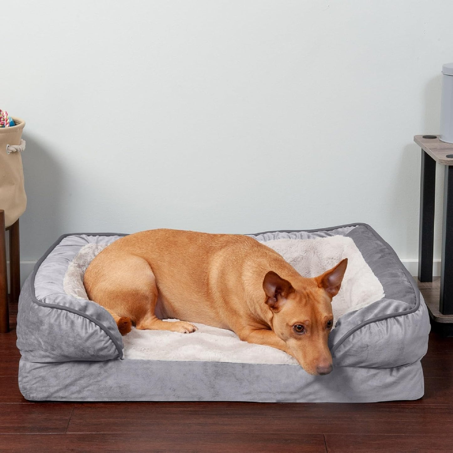Orthopedic Dog Bed for Medium/Small Dogs W/ Removable Bolsters & Washable Cover, for Dogs up to 35 Lbs - Plush & Velvet Waves Perfect Comfort Sofa - Granite Gray, Medium