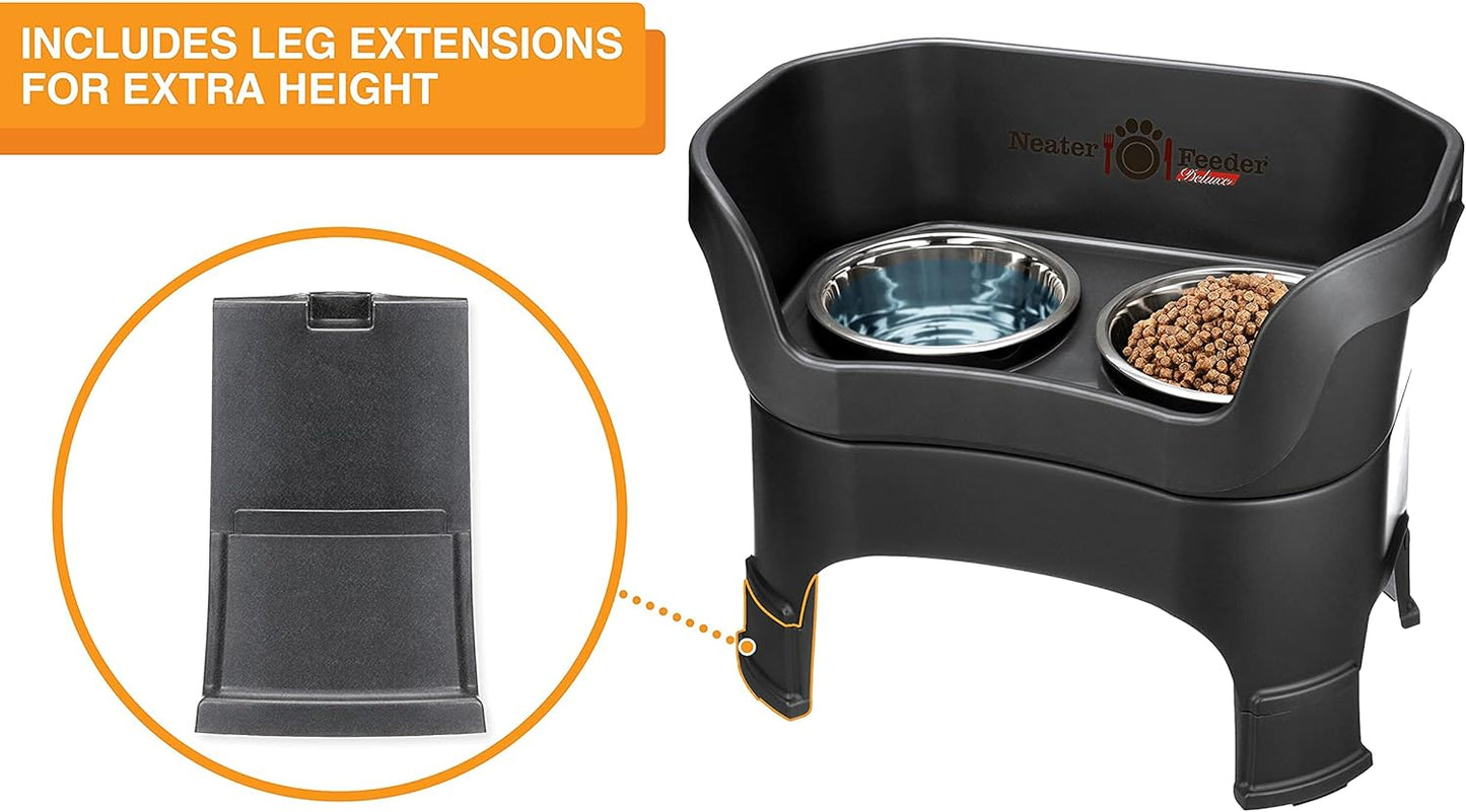 Neater Feeder Deluxe Elevated Dog Bowls for Large Dogs – Mess-Proof, No Spill Design, Made in USA – Stainless Steel Set with Leg Extensions – Stylish Black Finish