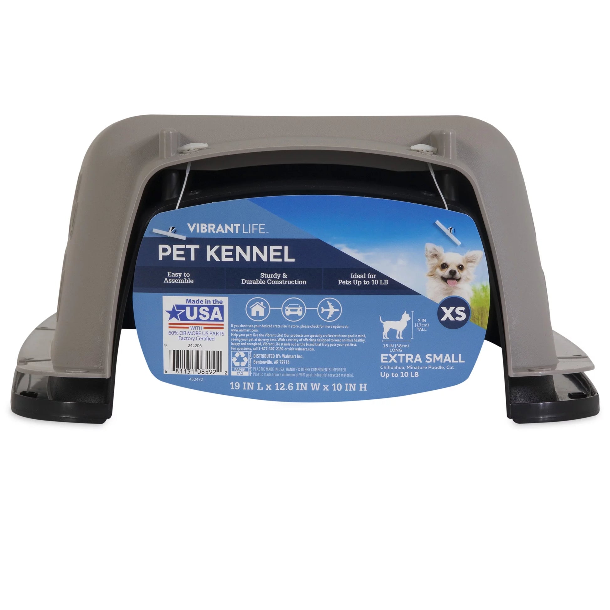 Portable Dog Kennel - Durable Hard-Sided Travel Carrier with Metal Door, Black & Grey, for Pets up to 10 lbs (19" L x 12.3" W x 10.8" H)