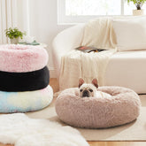 Calming Cat Bed for Indoor Cats,Anti-Anxiety Donut round Dog Bed,Fluffy Faux Fur Washable Pet Bed for Small Medium Dogs and Cats,Black,24In