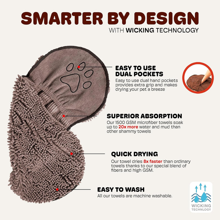 the Dirty Dog Shammy - Antimicrobial Microfiber, Fast-Drying Plush Dog Towel with Dual Hand Pockets & Elastic - Super Absorbent, Odor-Resistant, Machine Washable - 31×13 In, Grey