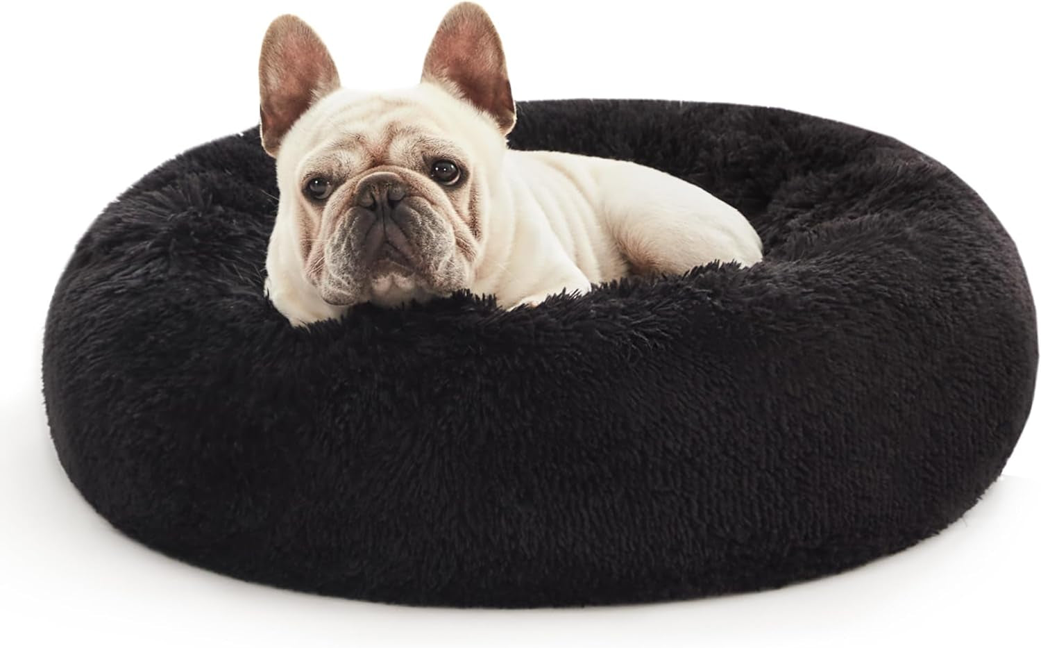 Calming Cat Bed for Indoor Cats,Anti-Anxiety Donut round Dog Bed,Fluffy Faux Fur Washable Pet Bed for Small Medium Dogs and Cats,Black,24In
