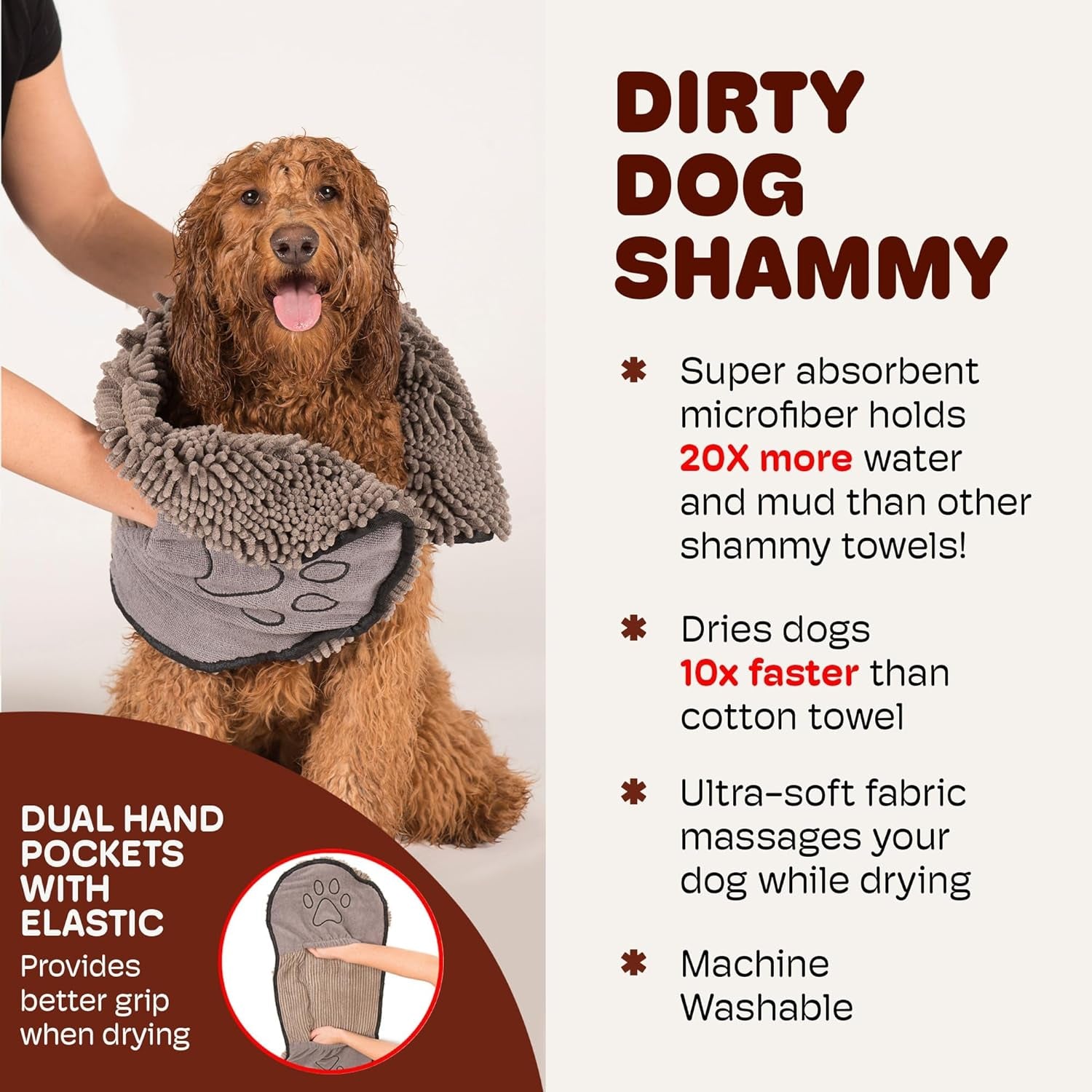 the Dirty Dog Shammy - Antimicrobial Microfiber, Fast-Drying Plush Dog Towel with Dual Hand Pockets & Elastic - Super Absorbent, Odor-Resistant, Machine Washable - 31×13 In, Grey