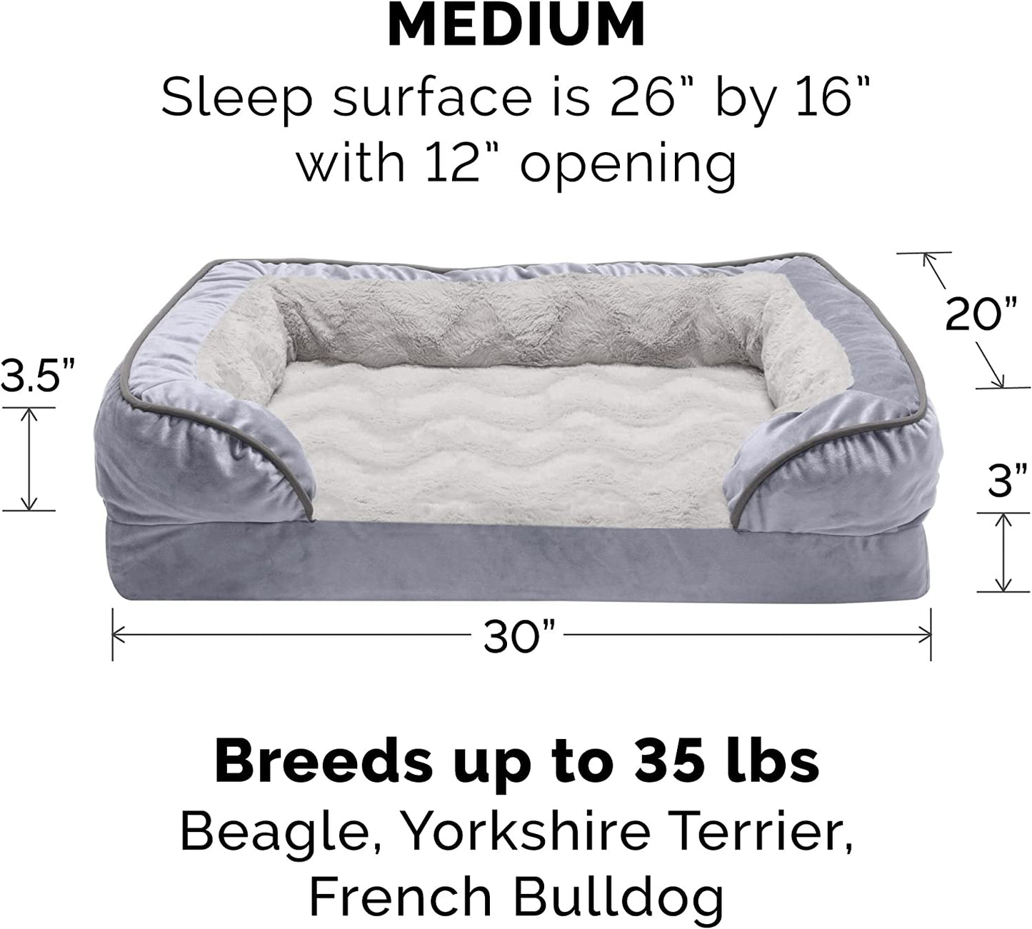Orthopedic Dog Bed for Medium/Small Dogs W/ Removable Bolsters & Washable Cover, for Dogs up to 35 Lbs - Plush & Velvet Waves Perfect Comfort Sofa - Granite Gray, Medium