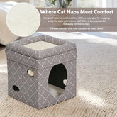 Feline Nuvo Curious Cat Cube, Foldable Cat Hideout with Toy, Bolstered Bed Top, Mushroom Diamond, Faux Fur