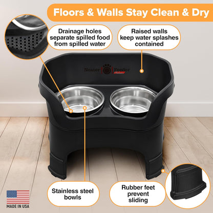 Neater Feeder Deluxe Elevated Dog Bowls for Large Dogs – Mess-Proof, No Spill Design, Made in USA – Stainless Steel Set with Leg Extensions – Stylish Black Finish