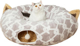 Large Cat Tunnel Bed under Christmas Tree with Fluffy Toy Balls, Small Cushion and Flexible Design- 10 Inch Diameter, 3 Ft Length- Great for Cats, and Small Dogs, Gray Geometric Figure