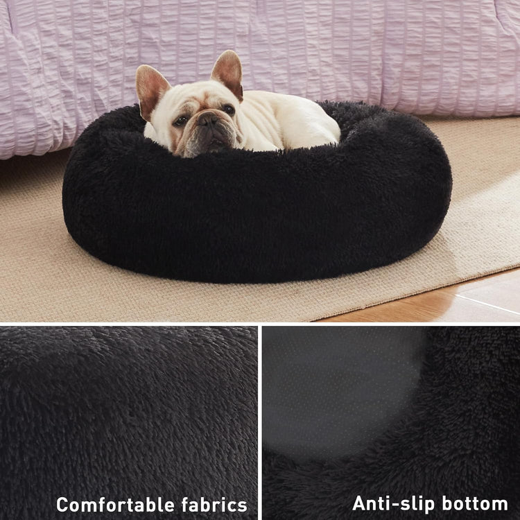 Calming Cat Bed for Indoor Cats,Anti-Anxiety Donut round Dog Bed,Fluffy Faux Fur Washable Pet Bed for Small Medium Dogs and Cats,Black,24In