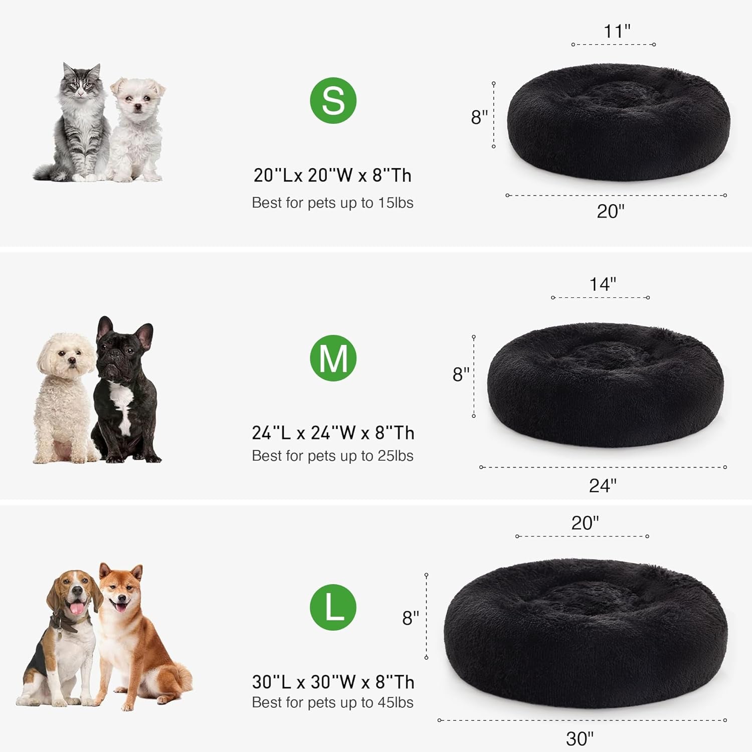 Calming Cat Bed for Indoor Cats,Anti-Anxiety Donut round Dog Bed,Fluffy Faux Fur Washable Pet Bed for Small Medium Dogs and Cats,Black,24In