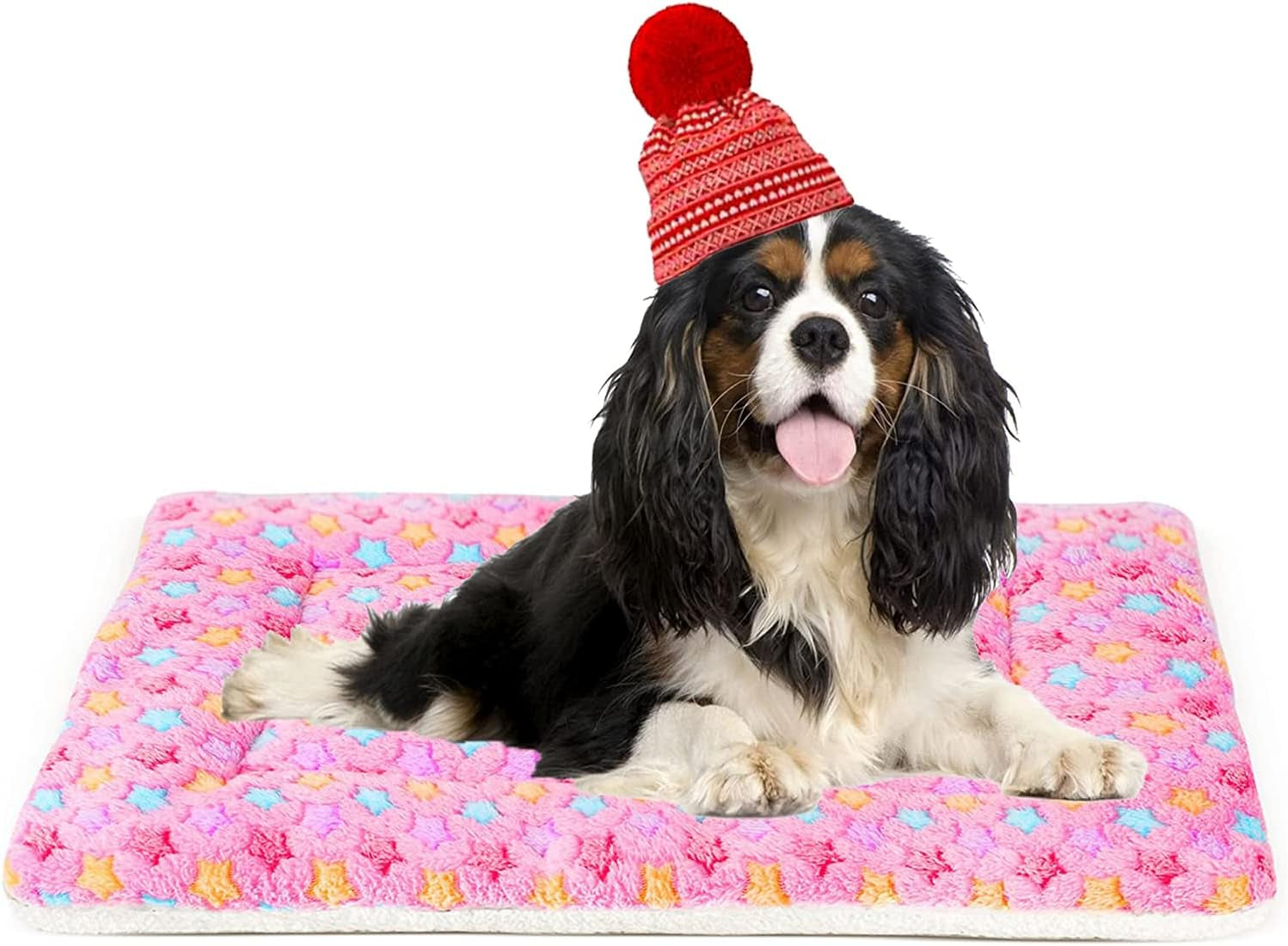 Dog Bed Crate Pad Ultra Soft Pet Bed with Cute Star Print Washable Crate Mat for Large Medium Small Dogs Reversible Fleece Dog Crate Kennel Mat Cat Bed Liner 29 X 21 Inch Pink