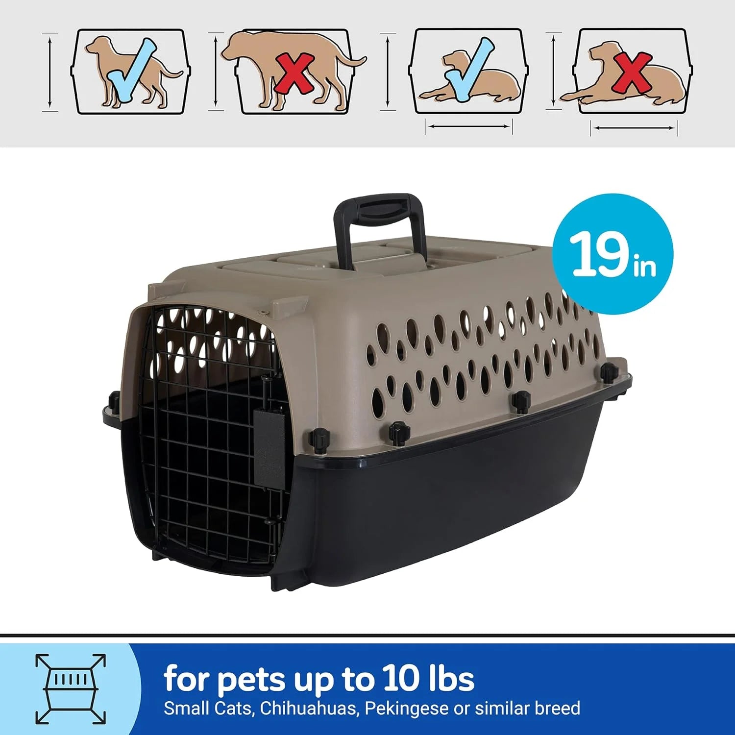 Portable Dog Kennel - Durable Hard-Sided Travel Carrier with Metal Door, Black & Grey, for Pets up to 10 lbs (19" L x 12.3" W x 10.8" H)