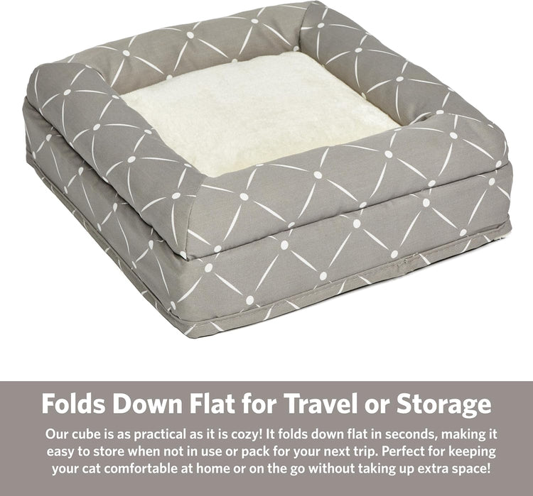 Feline Nuvo Curious Cat Cube, Foldable Cat Hideout with Toy, Bolstered Bed Top, Mushroom Diamond, Faux Fur