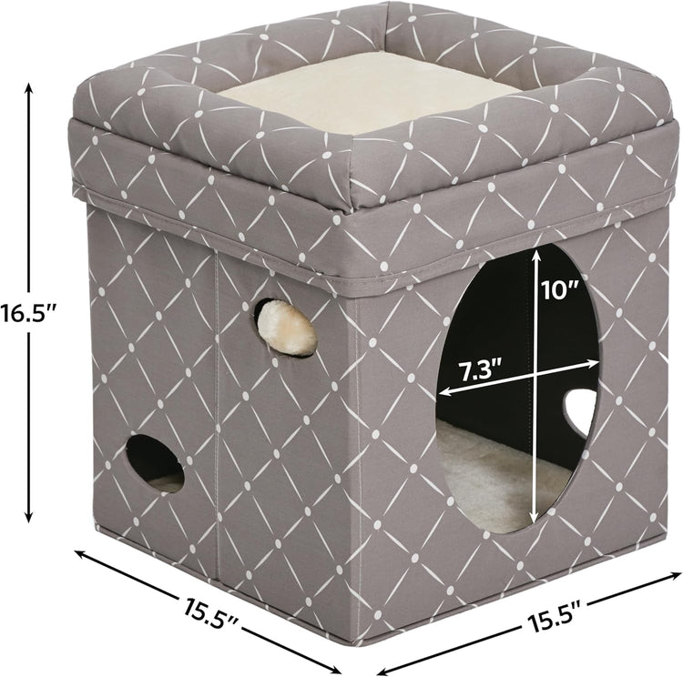 Feline Nuvo Curious Cat Cube, Foldable Cat Hideout with Toy, Bolstered Bed Top, Mushroom Diamond, Faux Fur