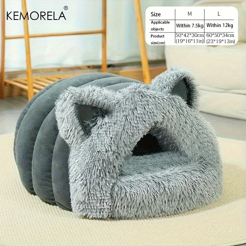 Enclosed Pet Bed Winter Warm Plush Hooded Cat Bed House with Cute Ears Indoor Nest Cave Comfort Kittens Hideaway for Small Dog