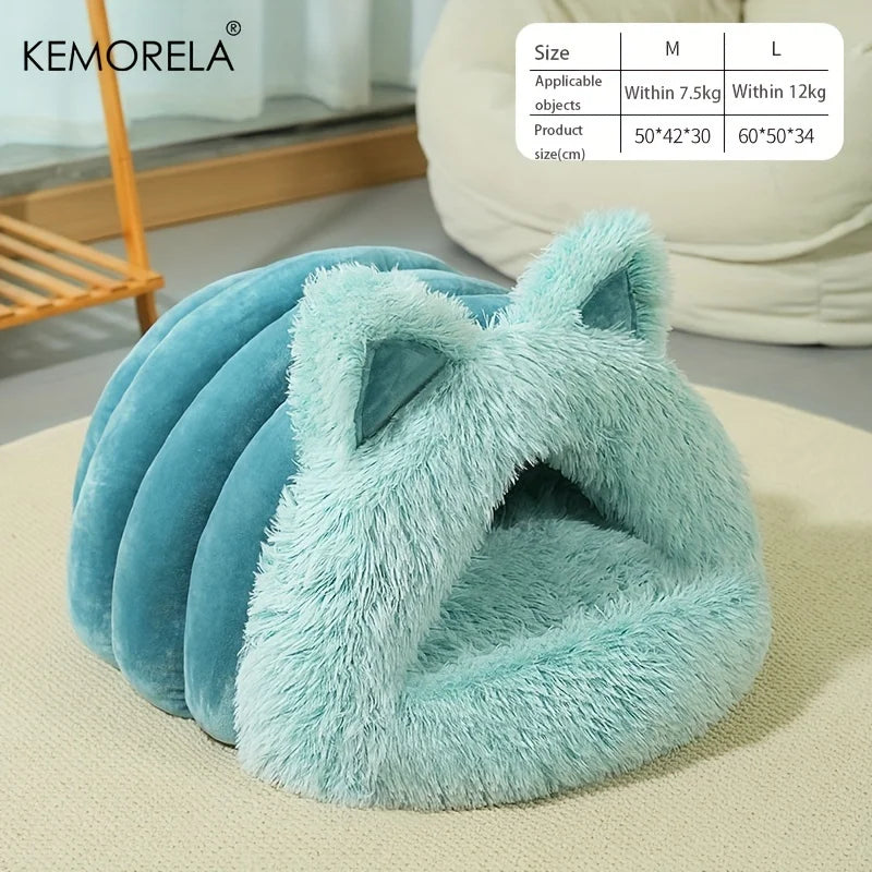 Enclosed Pet Bed Winter Warm Plush Hooded Cat Bed House with Cute Ears Indoor Nest Cave Comfort Kittens Hideaway for Small Dog