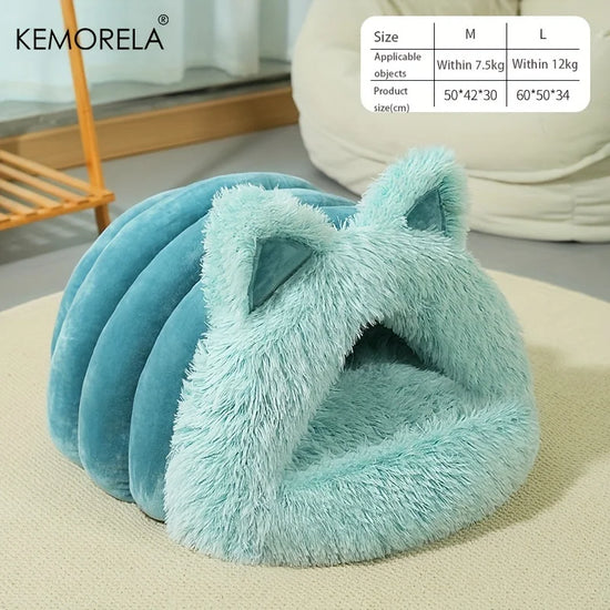Enclosed Pet Bed Winter Warm Plush Hooded Cat Bed House with Cute Ears Indoor Nest Cave Comfort Kittens Hideaway for Small Dog