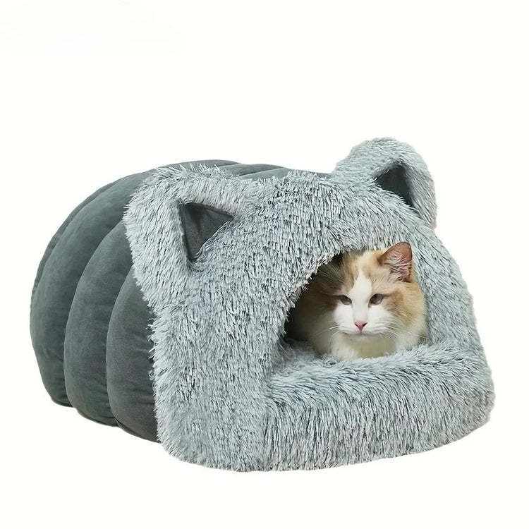 Enclosed Pet Bed Winter Warm Plush Hooded Cat Bed House with Cute Ears Indoor Nest Cave Comfort Kittens Hideaway for Small Dog