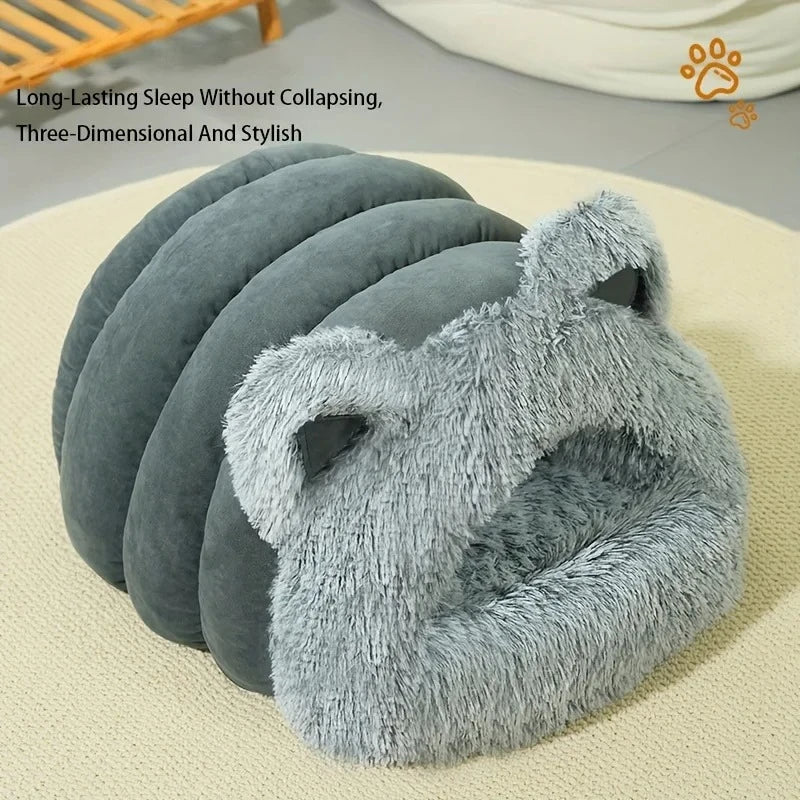 Enclosed Pet Bed Winter Warm Plush Hooded Cat Bed House with Cute Ears Indoor Nest Cave Comfort Kittens Hideaway for Small Dog