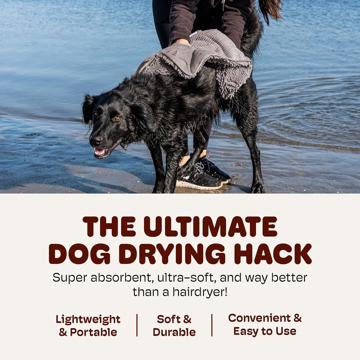 the Dirty Dog Shammy - Antimicrobial Microfiber, Fast-Drying Plush Dog Towel with Dual Hand Pockets & Elastic - Super Absorbent, Odor-Resistant, Machine Washable - 31×13 In, Grey