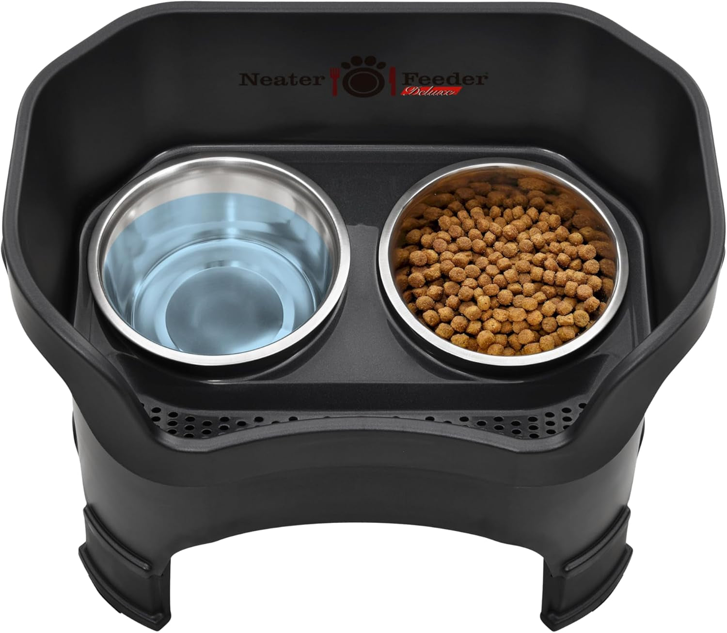 Neater Feeder Deluxe Elevated Dog Bowls for Large Dogs – Mess-Proof, No Spill Design, Made in USA – Stainless Steel Set with Leg Extensions – Stylish Black Finish
