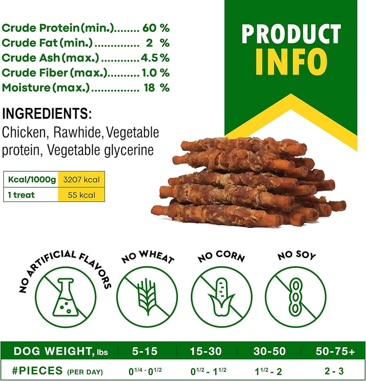 Dog Treats Rawhide Sticks Wrapped with Chicken 11 Oz Pet Natural Chew Treats - Grain Free Meat & Human Grade Dried Snacks - Best for Small & Large Dogs (10.6 Ounce (Pack of 1), Smoked Chicken)