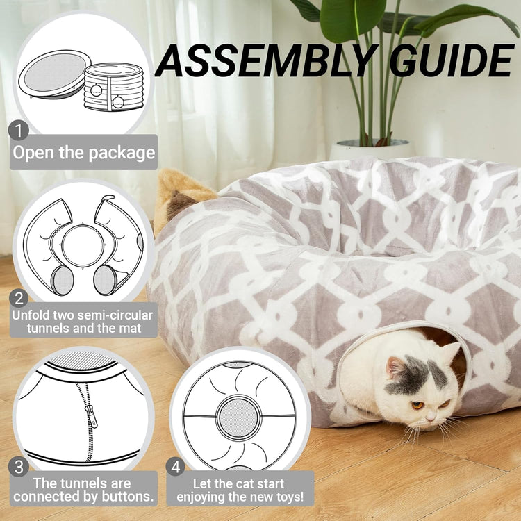 Large Cat Tunnel Bed under Christmas Tree with Fluffy Toy Balls, Small Cushion and Flexible Design- 10 Inch Diameter, 3 Ft Length- Great for Cats, and Small Dogs, Gray Geometric Figure