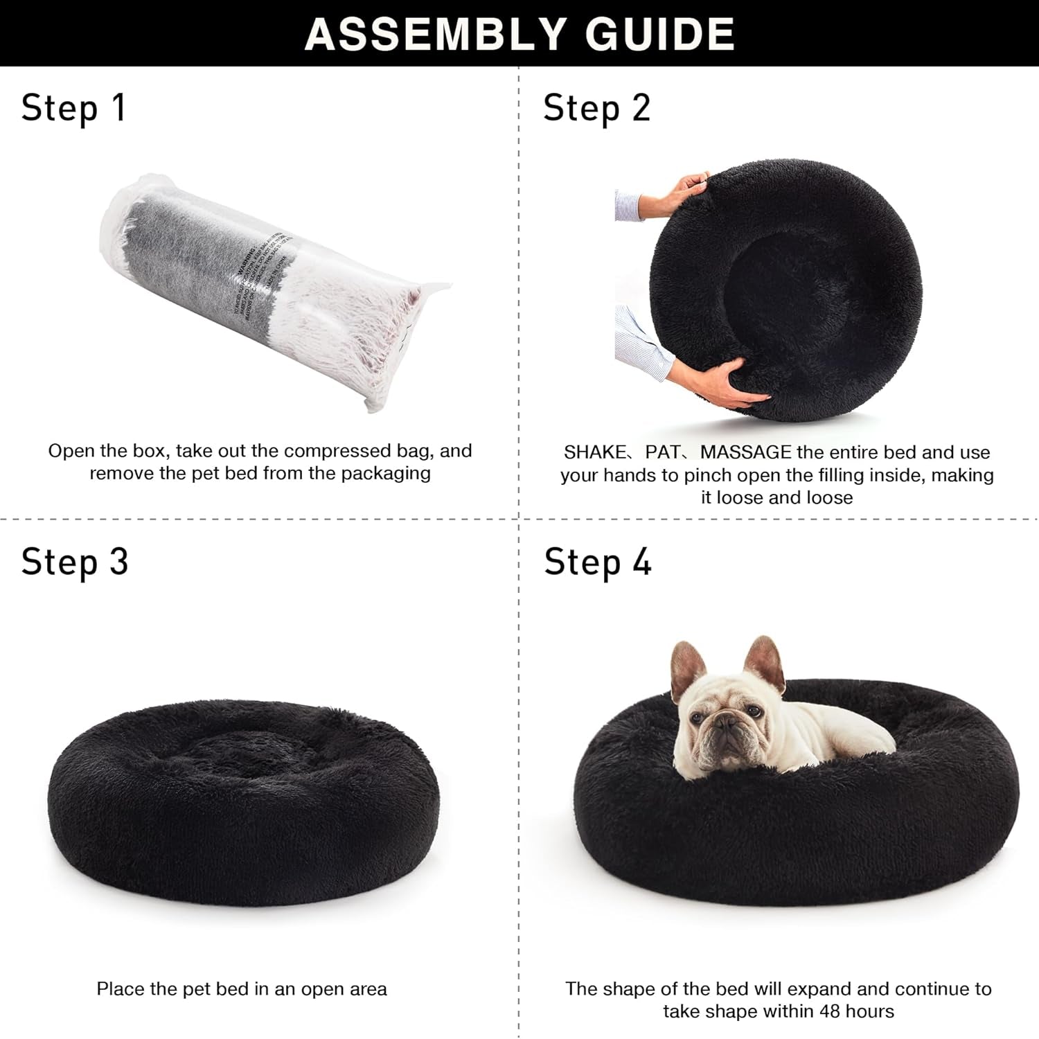 Calming Cat Bed for Indoor Cats,Anti-Anxiety Donut round Dog Bed,Fluffy Faux Fur Washable Pet Bed for Small Medium Dogs and Cats,Black,24In