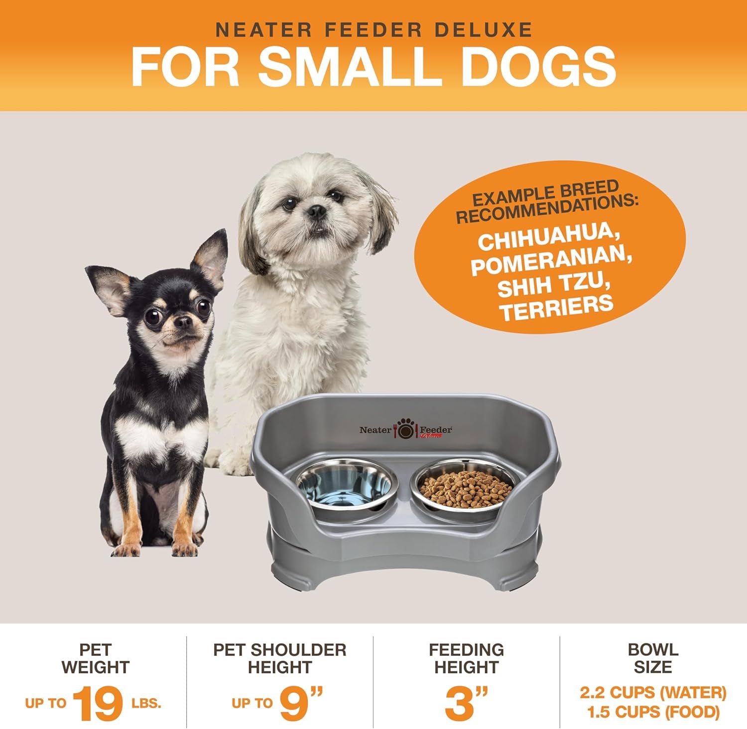 Neater Feeder Deluxe Mess Proof Dog Bowls Elevated for Small Dogs under 19 Lbs, Made in USA, No Spill Raised Dog Food Bowl Stand Feeding Station, Food and Water Bowl Set, Grey