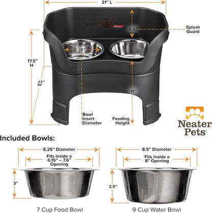 Neater Feeder Deluxe Elevated Dog Bowls for Large Dogs – Mess-Proof, No Spill Design, Made in USA – Stainless Steel Set with Leg Extensions – Stylish Black Finish